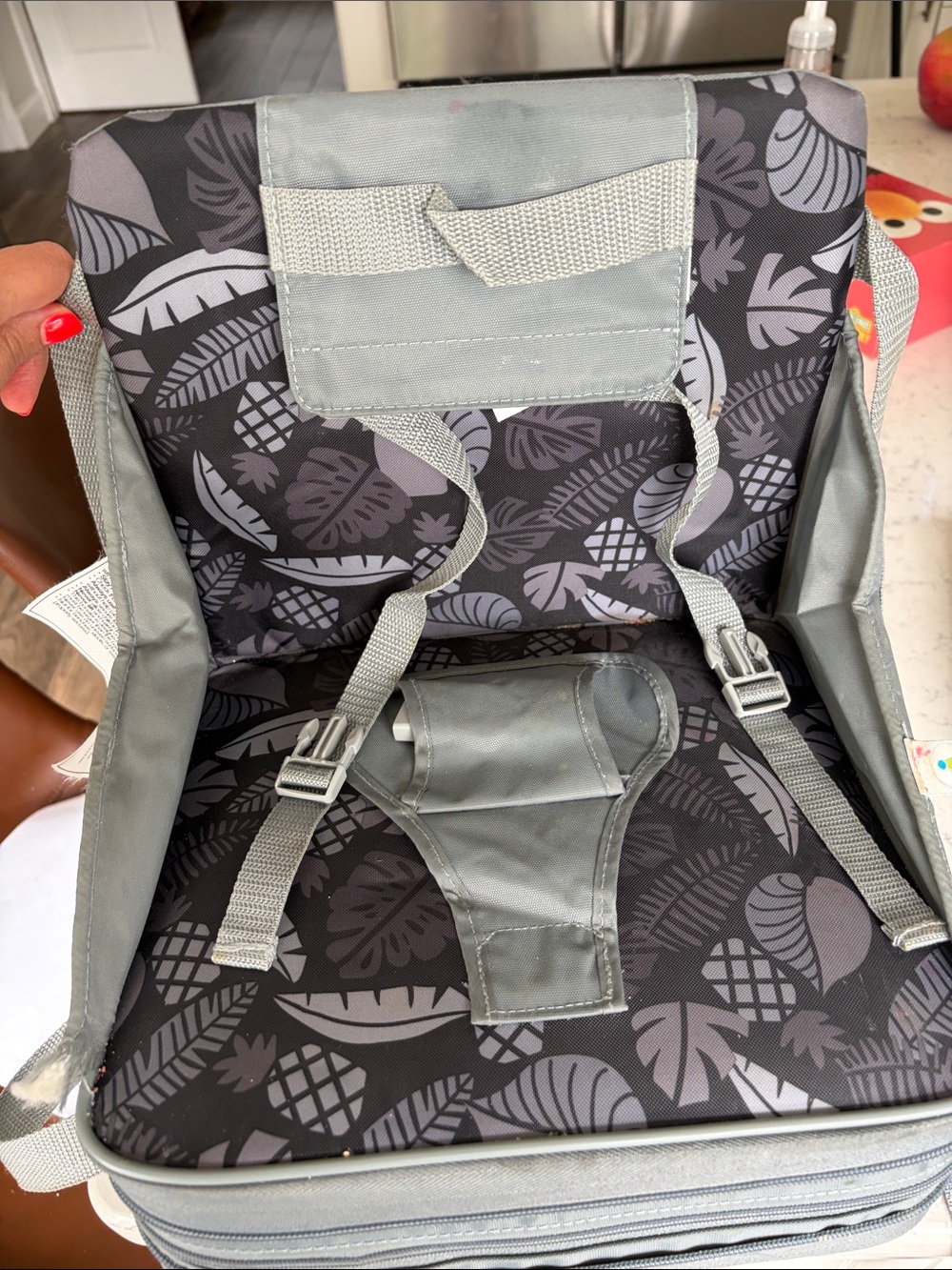 Convertible Travel Booster Seat for Kids in Gray Leaf Pattern